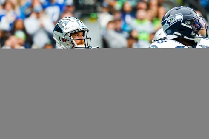 Sep 24, 2023; Seattle, Washington, USA; Carolina Panthers quarterback Andy Dalton (14) passes against the Seattle Seahawks during the second quarter at Lumen Field. Mandatory Credit: Joe Nicholson-USA TODAY Sports
